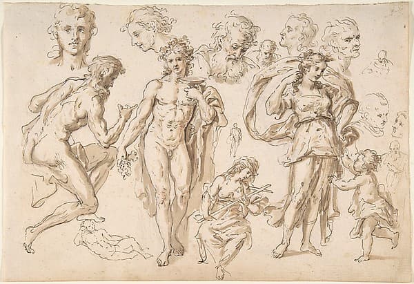 Recto: figure and head-studies (including Bacchus); Verso: four main figure studies repeated from the recto