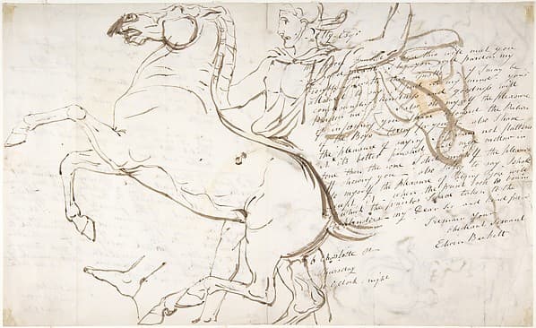 Rearing Horse and Trainer, drawn on a letter. Verso: Studies of Women and Children