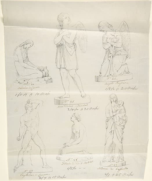 Sketches of Six Statues: Magdalen by Canova, Divine Love by Bienaimé, Praying Angel, Boxer by Canova, Trust in God by Bartolini, and Madonna by Raphael