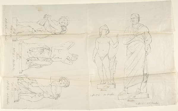 Sketches of Five Statues: Love, Aristides, Putto with a Cat, Psyche, and Putto with a Dog