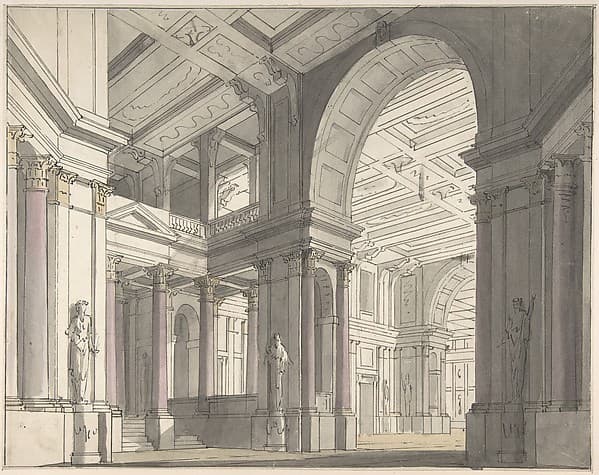 Design for a Stage set Showing the Interior of a Palace (recto); Architectural Sketch (verso)