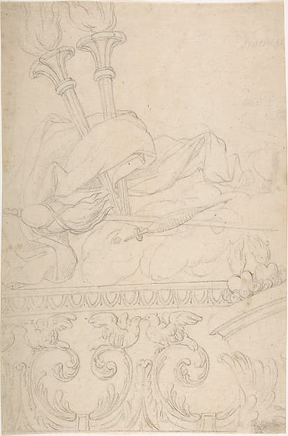 Ornament with Two Torches, a Spindle and Flax above a Rinceau of Doves with Sacred Hearts