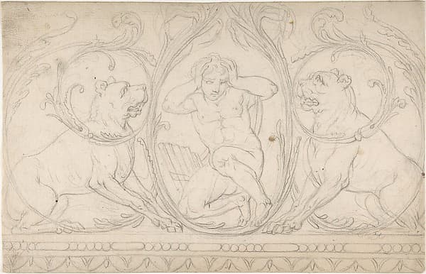 Ornament Containing a Nude Male with Pipes Framed by Two Dogs