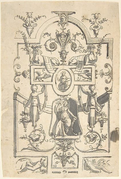 Candelabra Grotesque with a Female Figure in a Niche and Two Sphinxes