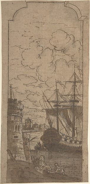 Framed Port scene with two figures