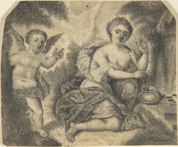 Venus Dipping an Arrow Into a Pot with Cupid to the Left