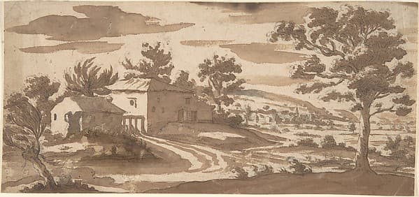 Landscape with Buildings and a Town in the Distance (recto); Study of a Building (verso)