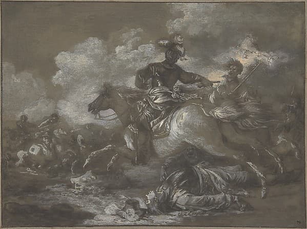 Cavalry Skirmish with a Fallen Soldier at Right
