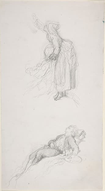 Study of a standing woman with a sitting man; study of a resting artist
