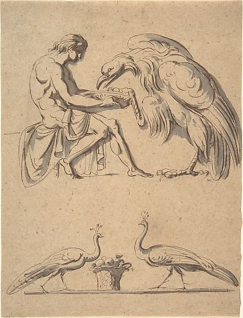 Jupiter, disguised as an eagle, with Ganymede, and a sketch of two peacocks