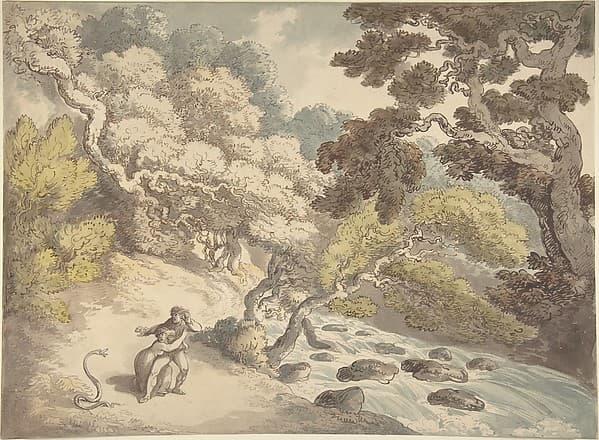 Landscape with rushing stream and a couple on the bank, frightened by a snake