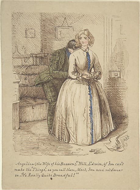 Design for "Hooking and Eyeing," a wood engraving published in "Punch" (recto); Sketch of two women and a man (verso)
