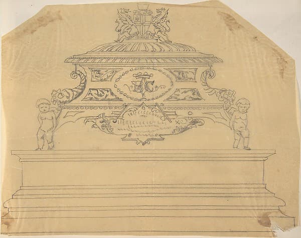 Metal Casket Supported by Putti, Inscribed with Crowned Initials B.C., and Topped with Dragons