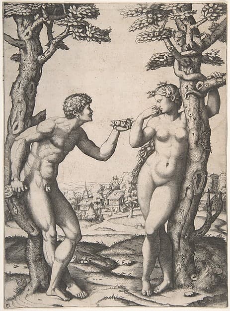 Adam and Eve flanked by two trees, a town in the background