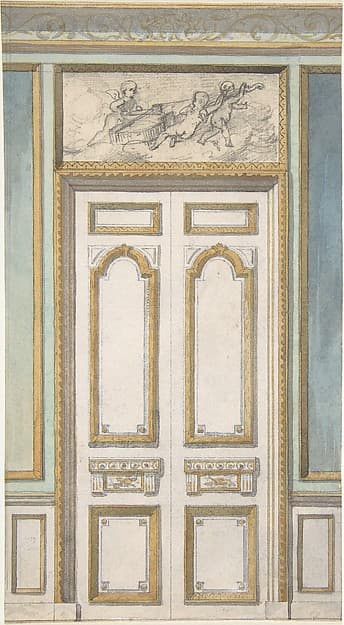 Design for Single Door and Overdoor Panel with Cupids Bearing a Violin