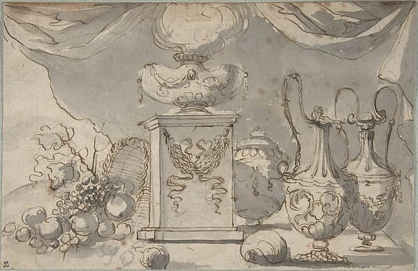 Still Life: Vases, a Cassolette on a Pedestal, and an Overturned Basket of Fruit