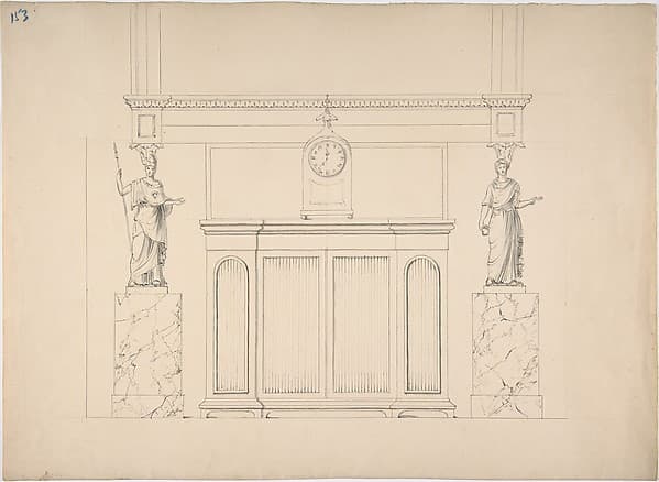 Design for a Cabinet with Inset Fabric Panels, and Two Female Classical Statues on Marble Pedestals