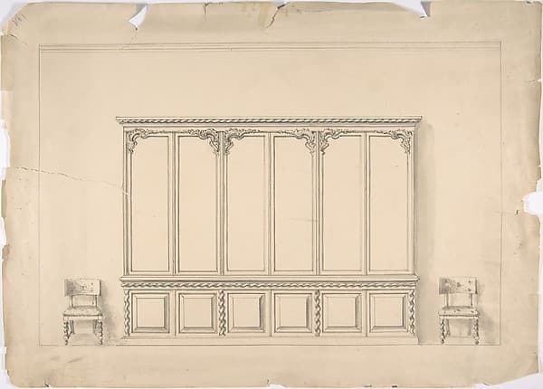 Design for a Very Large Cabinet with Turned Elements, and Two Chairs