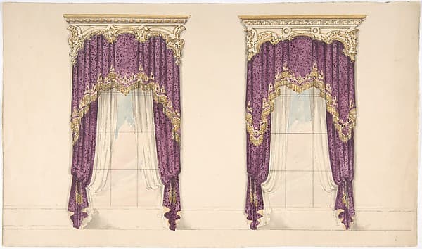 Design for Purple Curtains with Gold Fringes and a Gold and White Pediment