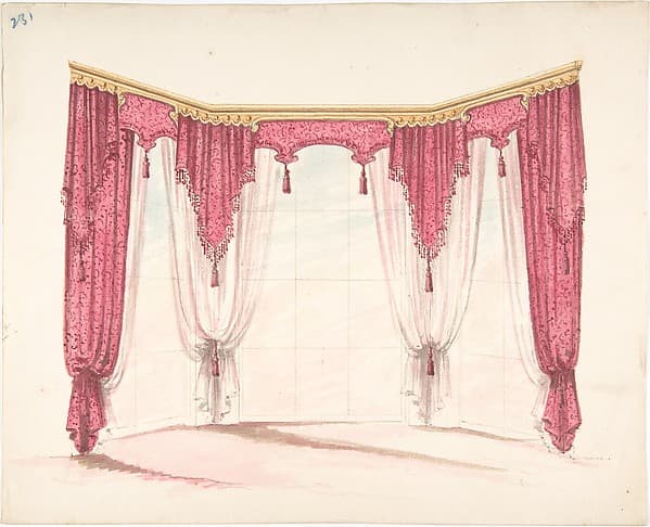 Design for Red Curtains with Red Fringes and a Gold Pediment