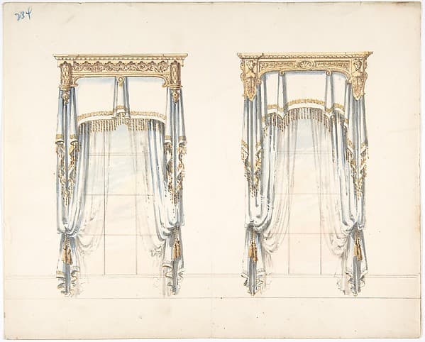 Design for Two White Curtains with Gold Fringes and a Gold Pediment