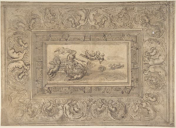 Design for a Ceiling with a Woman (Aurora?) in a Chariot and Putti (Recto). Design for an Ornamental Frieze (Verso).