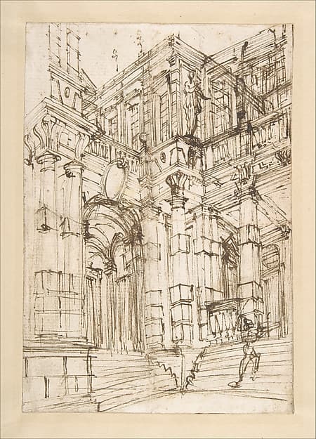 Sketch for a Stage Set: Foreshortened View of a Palace with a Figure on the Stairs.