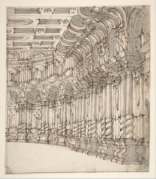 Design for a Stage Set: Interior of a Ballroom or Theater with Torqued Columns and Large Volutes Above.