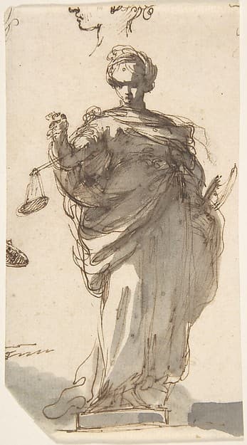 Design for a Statue of Justice with Sketches at Left and Above.