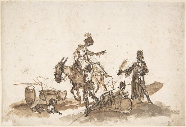 Man Assisting a Woman to Mount a Horse, with Two Other Figures and a Dog