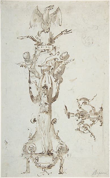 Ornamental Design with Caryatid Figure Standing on Stool and Holding a Bowl; Puttis on the Sides Hold Drapery and Support Base with an Eagle; on the Right Side Decorative Figures with Acanthus surmounted by Flowing.
