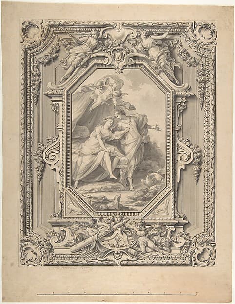 Design for a Sculptured Frame with Garlands and Statues and a Painting of Two Human Figures with Puttis inside the Frame.
