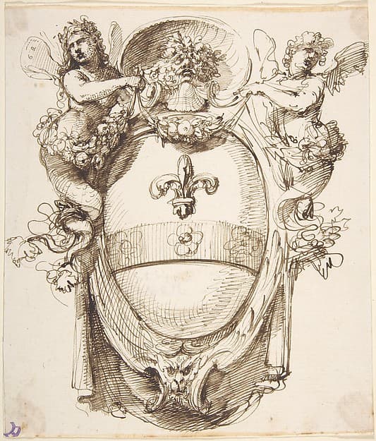 Design for a Cartouche flanked by winged Sirens with a Coat of Arms containing a Fleur-de-Lis