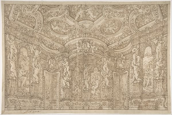 Design for a Stage Set of a Palace Interior Decorated with Putti, Garlands and Three Portrait Medallions