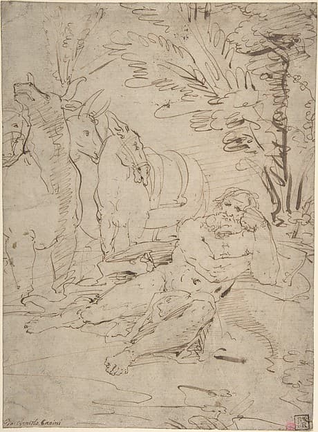 Unidentified Subject: Reclining Nude Male Figure and Cattle