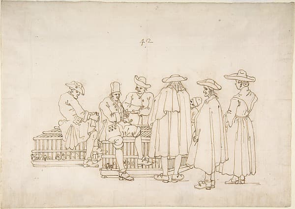 A Group of Figures Surrounding Two Bird-coops