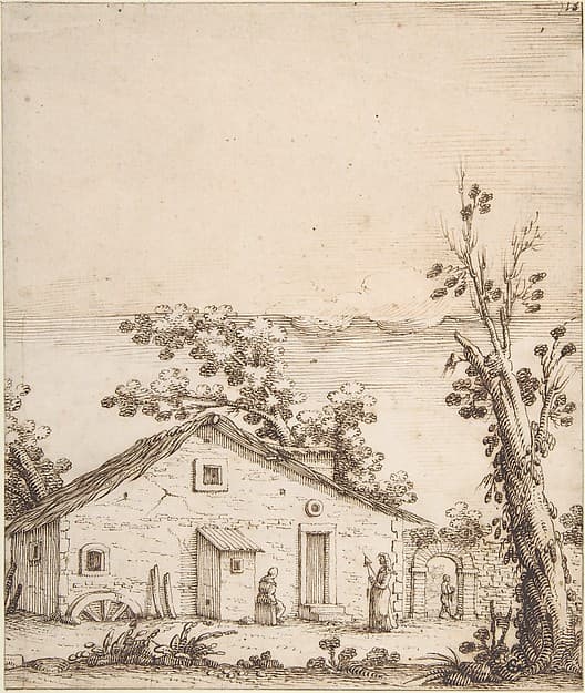 Three Figures by a Rustic Dwelling
