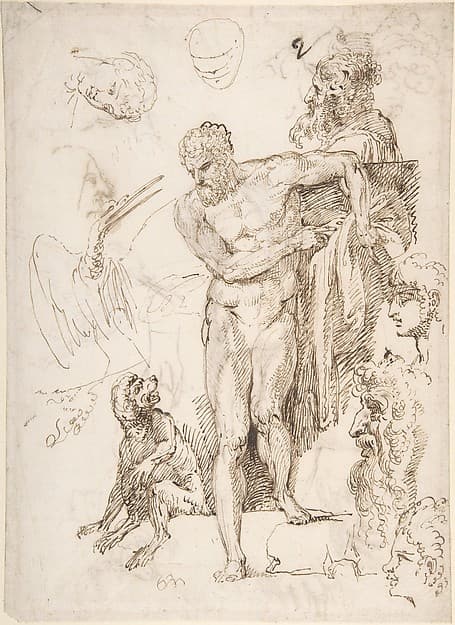 Studies and Sketches for Figures: Standing Male Nude in Frontal View, Male Heads, Seated Monkey, and a Long-Beaked Bird (a Stork?) (recto); Figure Studies: Back View of Standing Male and Female Heads, a Flying Long-Beaked Bird, etc. (verso)