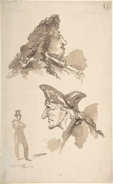 Sheet of Studies: Two Male Heads in Profile and Standing Man