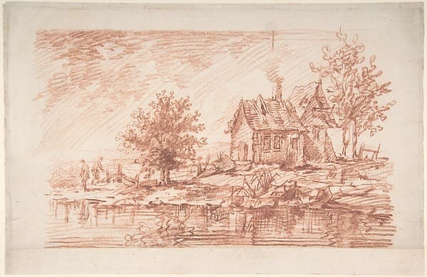 Farm House along a River, two figures at left