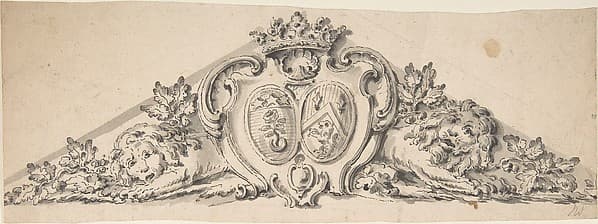 Design for Pediment with Two Heraldic Crests, Lions and a Crown