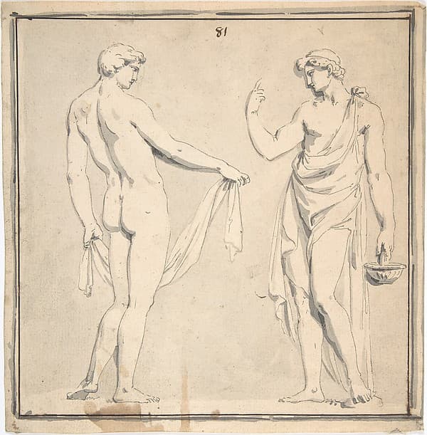 Two Male Figures, one holding a basket