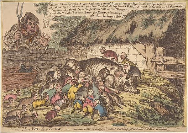 "More Pigs Than Teats",–or–the New Litter of Hungry Grunters, Sucking John-Bull's-Old-Sow to Death