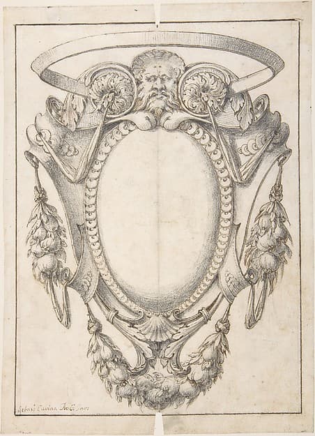 Design for a Cartouche Decorated with a Mask, Swags and Rosettes.