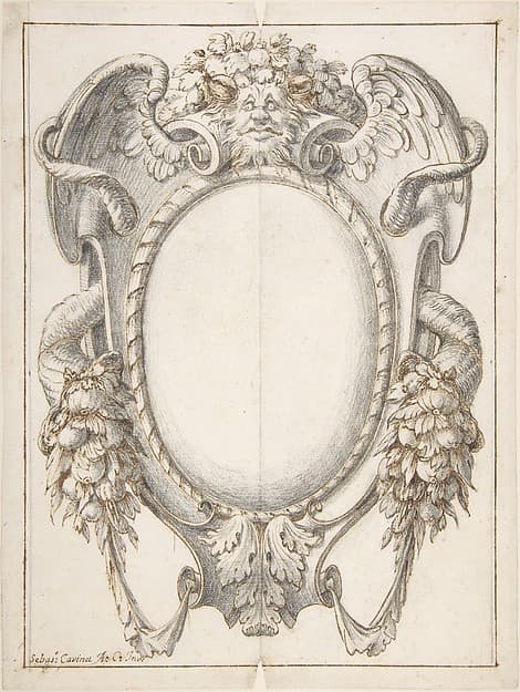 Design for a Cartouche with Zoomorphic Mask above and Cornucopia of Fruit and Leaves on the Sides.