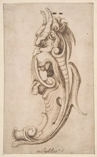 Cartouche in the Form of a Horned Monster's Head in Near Profile View.