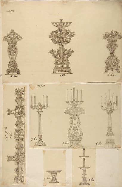 Designs for Three Planters, Three Candelabras, a Dish and a Serving Tray