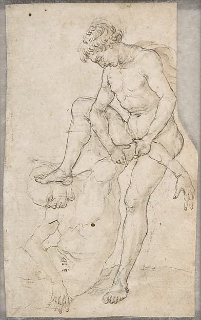 A Warrior Subduing Another (recto); Warrior Seen in Bust-Length with Fantastic Helmet (verso)