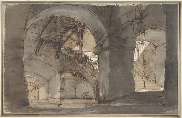 Design for a Stage Set: A Dungeon with High Vaults and a Staircase at Right.