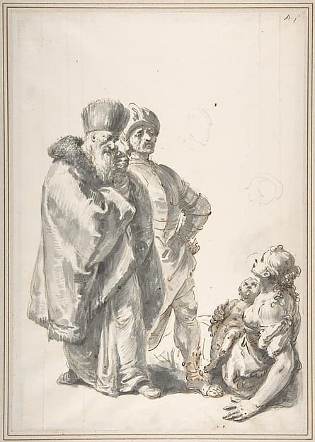 Two Standing Male Figures and Seated Woman with a Child
